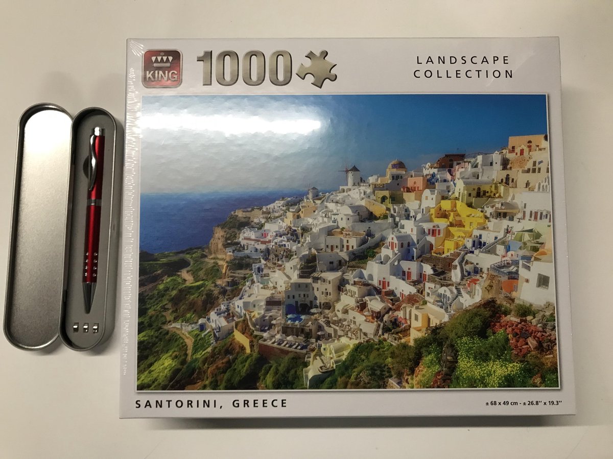 King - legpuzzel Santorini - Griekenland - Landscape Collection 1000 stukjes | 68 x 49 cm | inclusief unieke en praktische rode, blauwe schrijvende laserpen in luxe opbergbox.